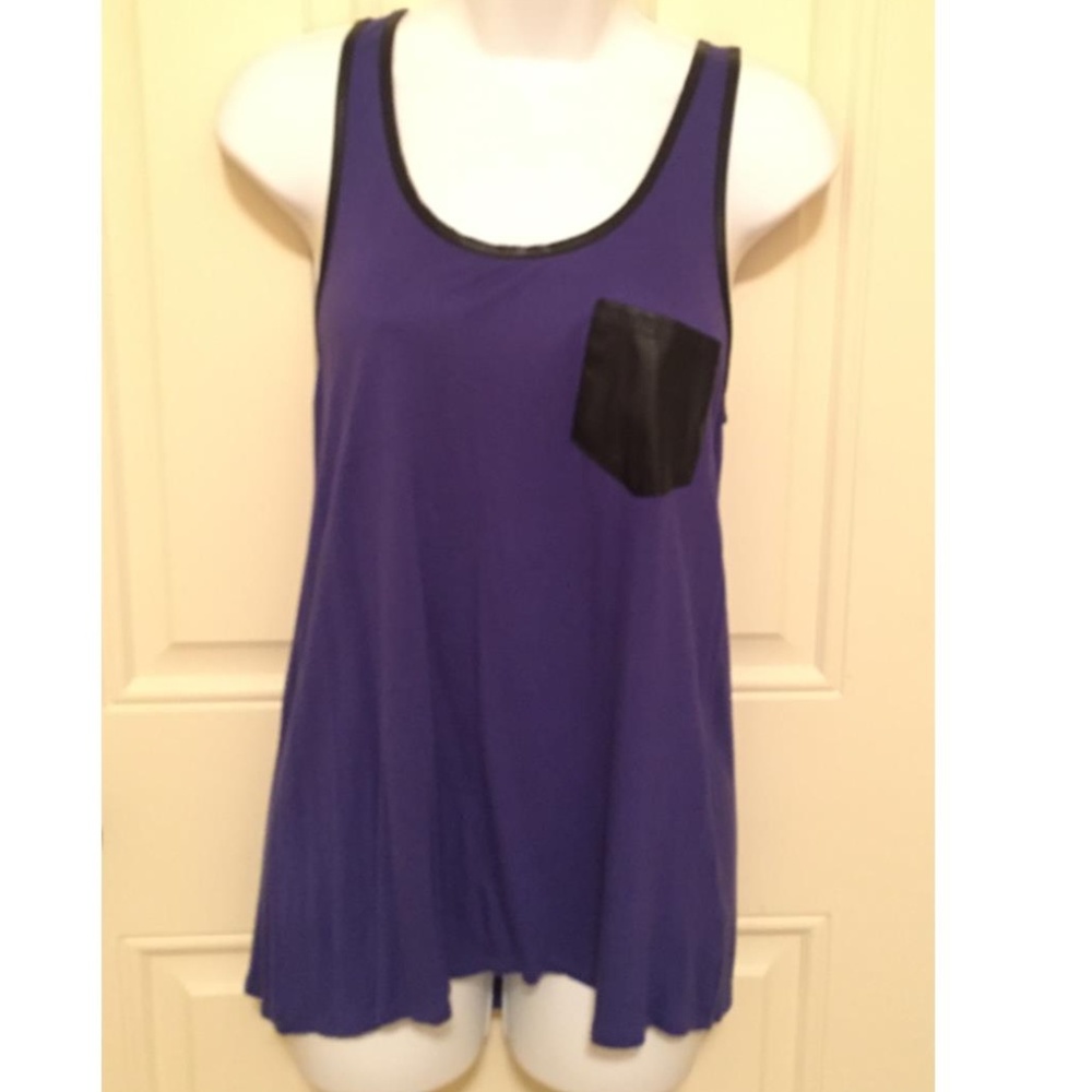 Blue Tank Top with Black Pleather Pocket & Trip